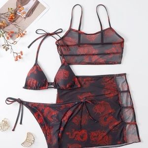 red and black dragon print bikini with mesh top and bottom cover